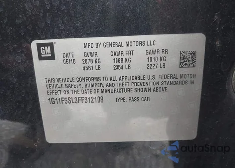 2015 Chevrolet Malibu 1Lz из США, поврежденный, VIN 1G11F5SL3FF312108